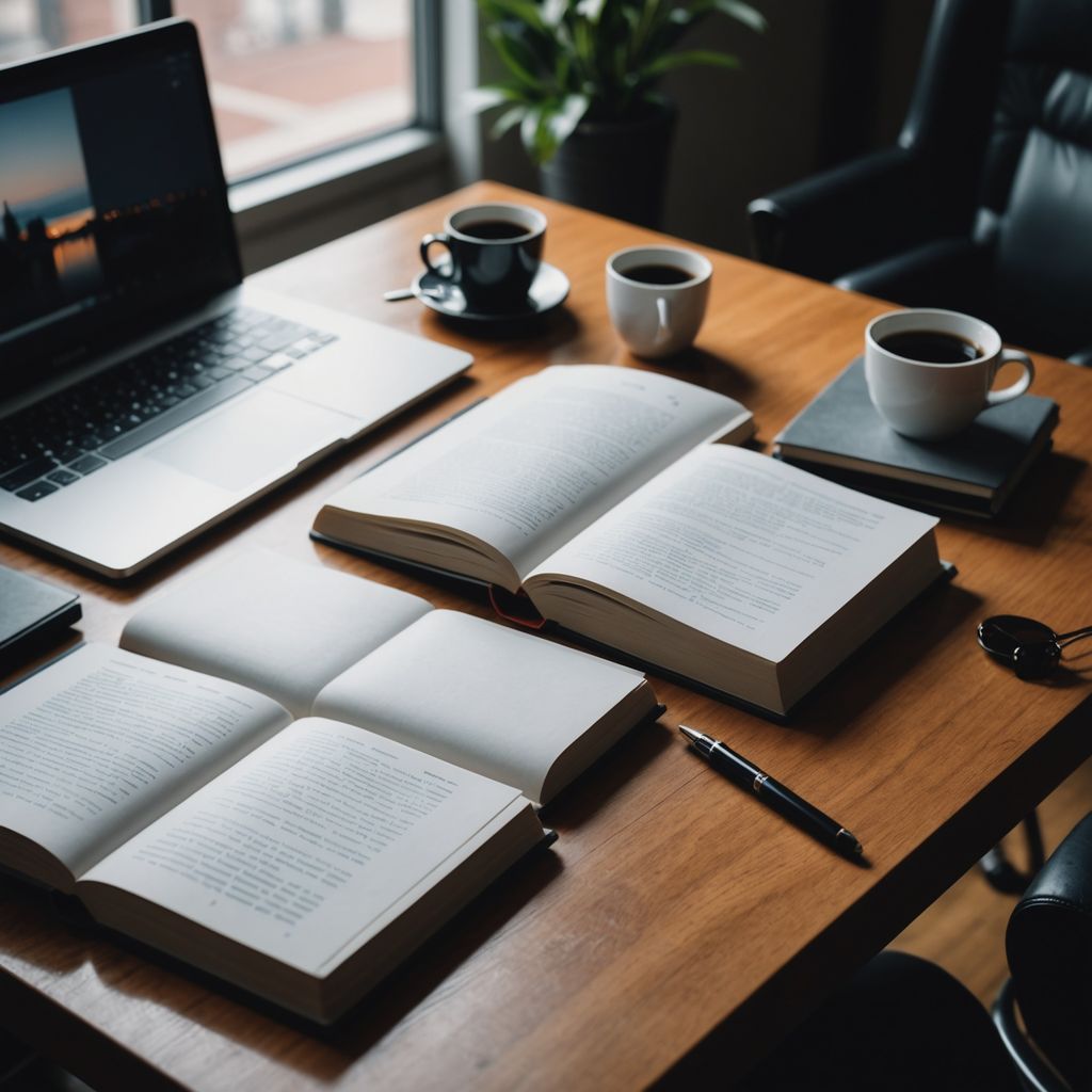 Desk with books, papers, and laptop for research proposal