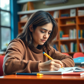 University student writing in a vibrant study environment.