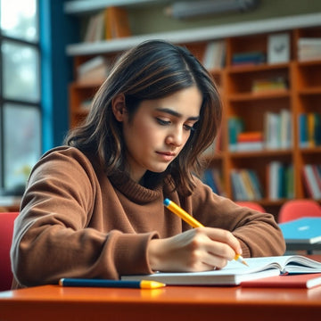 University student writing in a vibrant study environment.