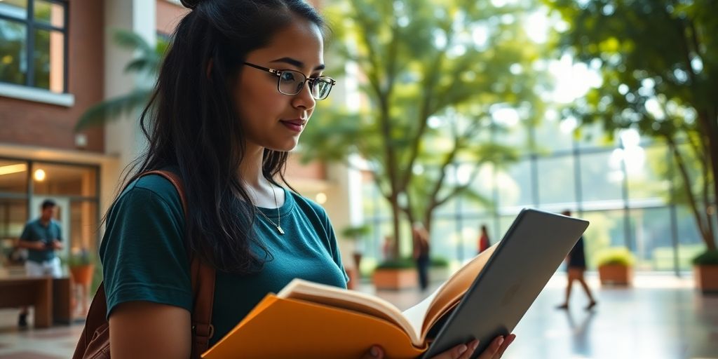 University student studying in a vibrant campus environment.