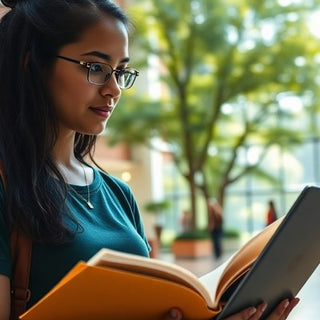 University student studying in a vibrant campus environment.