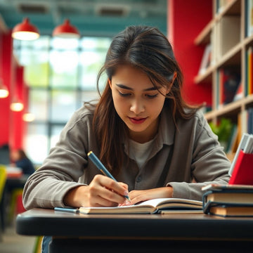 University student writing in a colorful, vibrant study space.