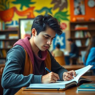 University student writing in a colorful study space.