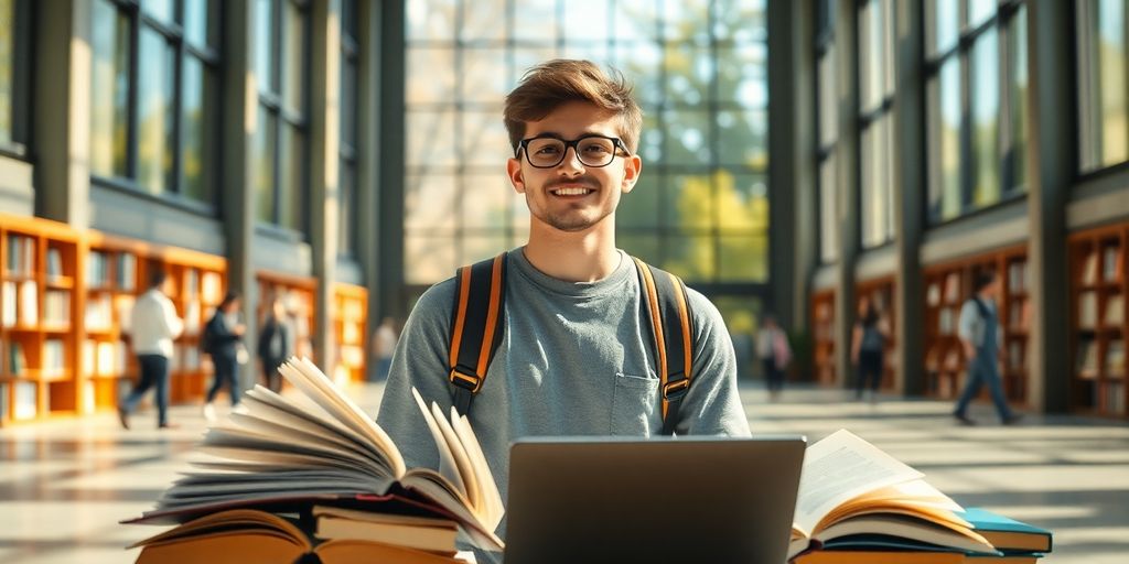 Estudante universitário em um campus vibrante e ativo.