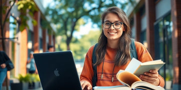 University student studying in a vibrant campus setting.