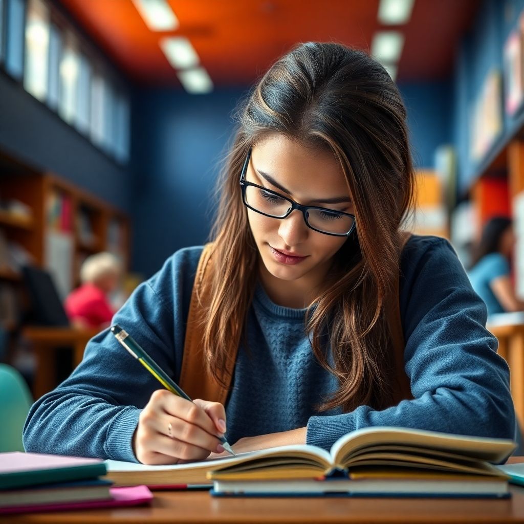 University student writing in a vibrant, colorful setting.