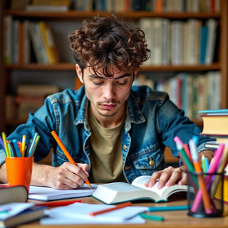 Estudiante organizando notas para la escritura de la tesis.