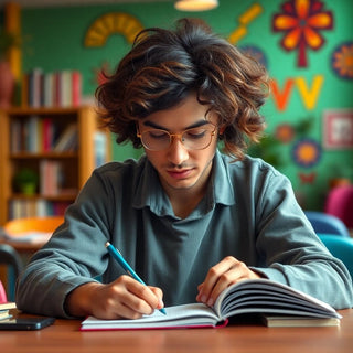 University student writing in a vibrant study environment.