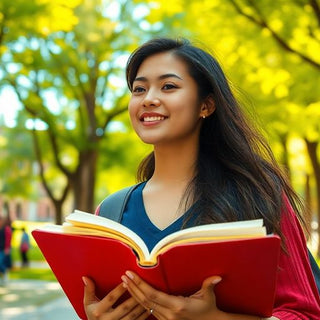 University student in a vibrant campus with books and laptop.