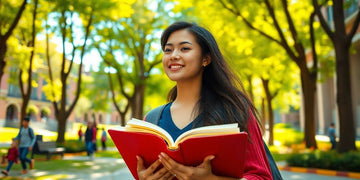 University student in a vibrant campus with books and laptop.