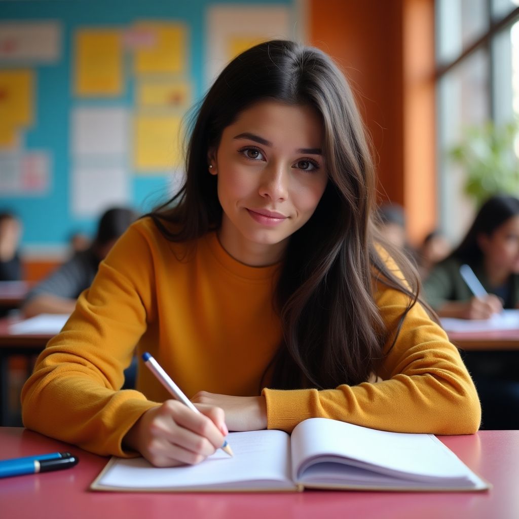 University student writing in a vibrant, colorful environment.