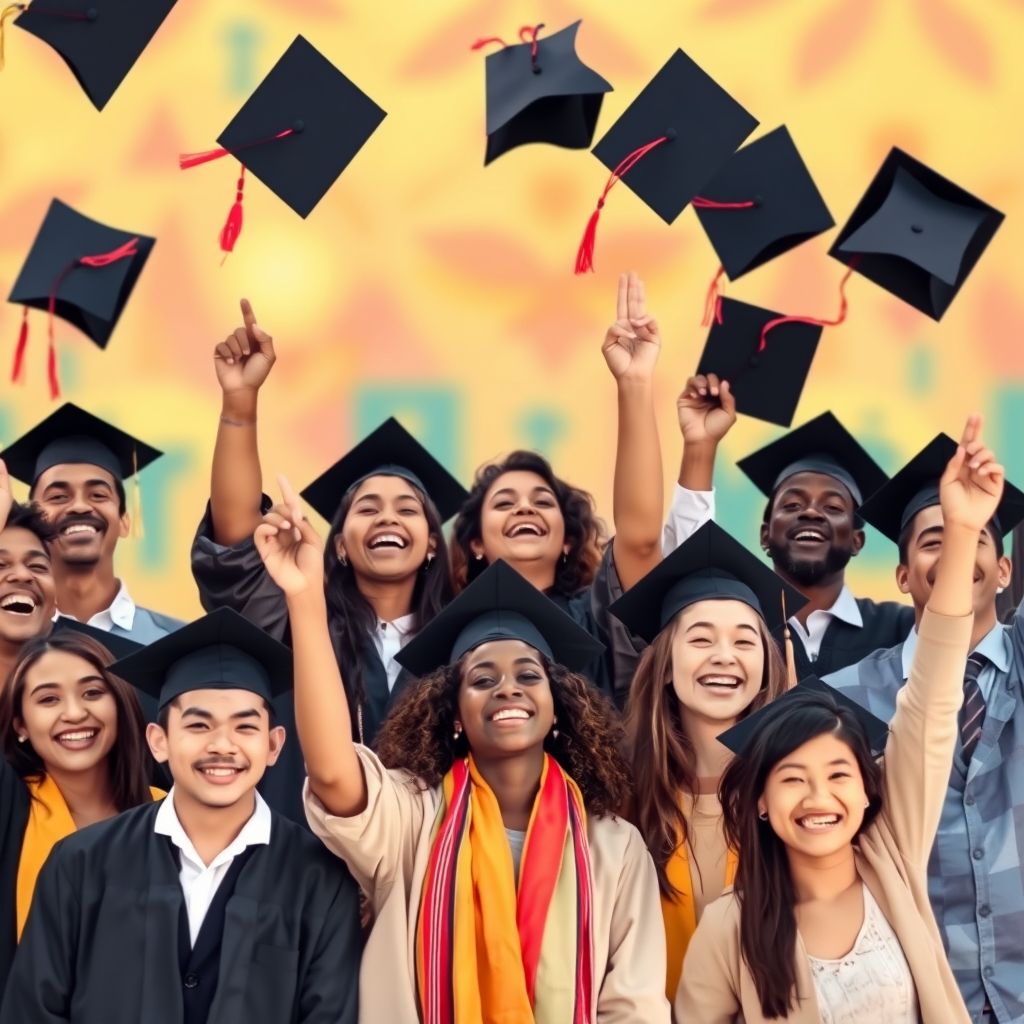 Graduates celebrating with caps in the air