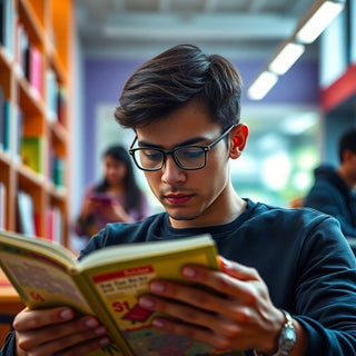 University student reading in a vibrant study environment.