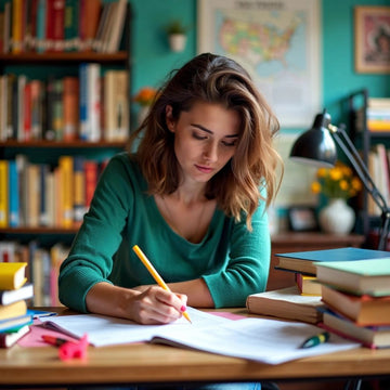 Estudiante creando un esquema de disertación con materiales coloridos.