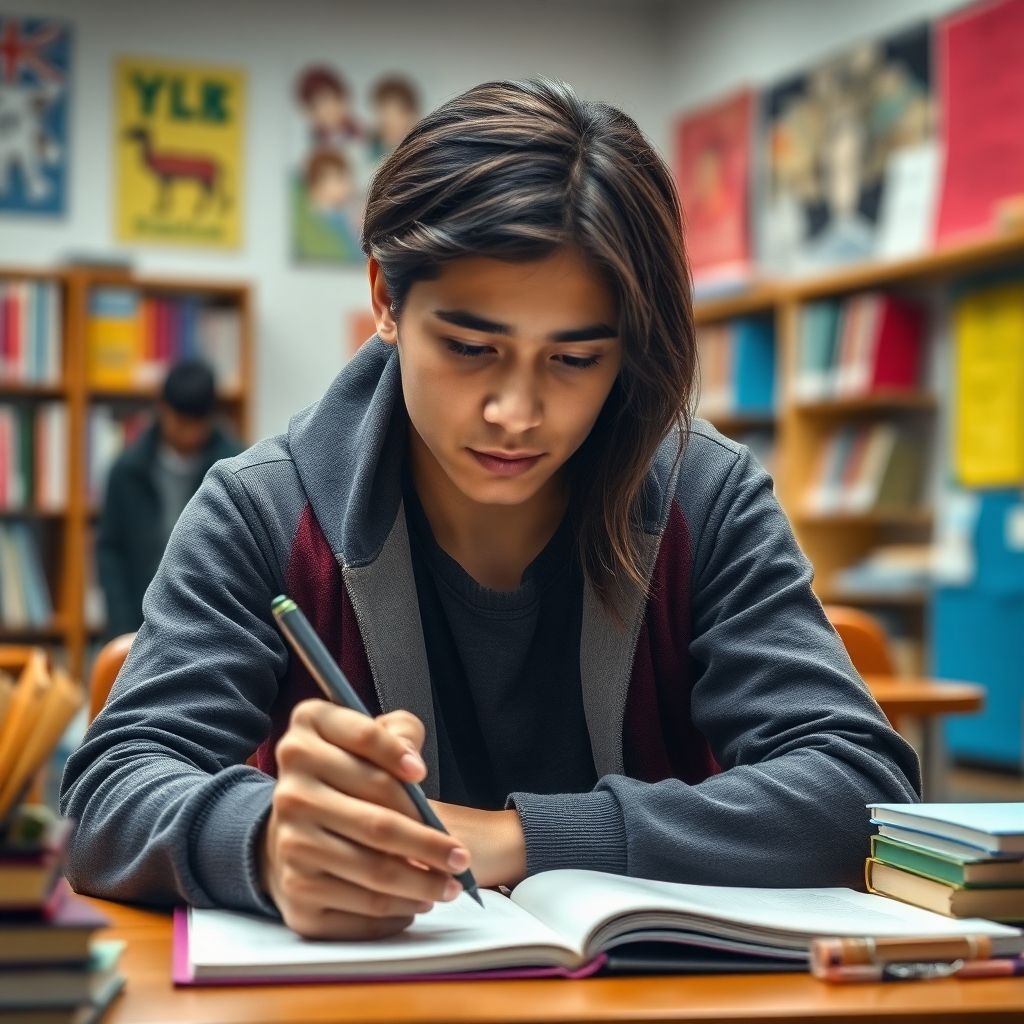 University student writing in a vibrant study environment.