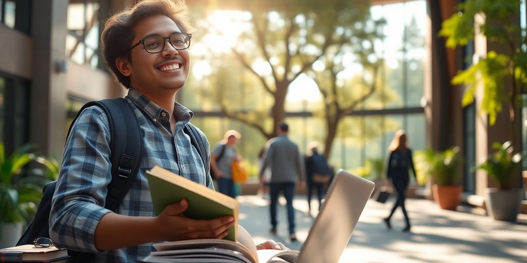 University student in a vibrant campus with open books.