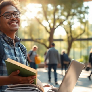 University student in a vibrant campus with open books.