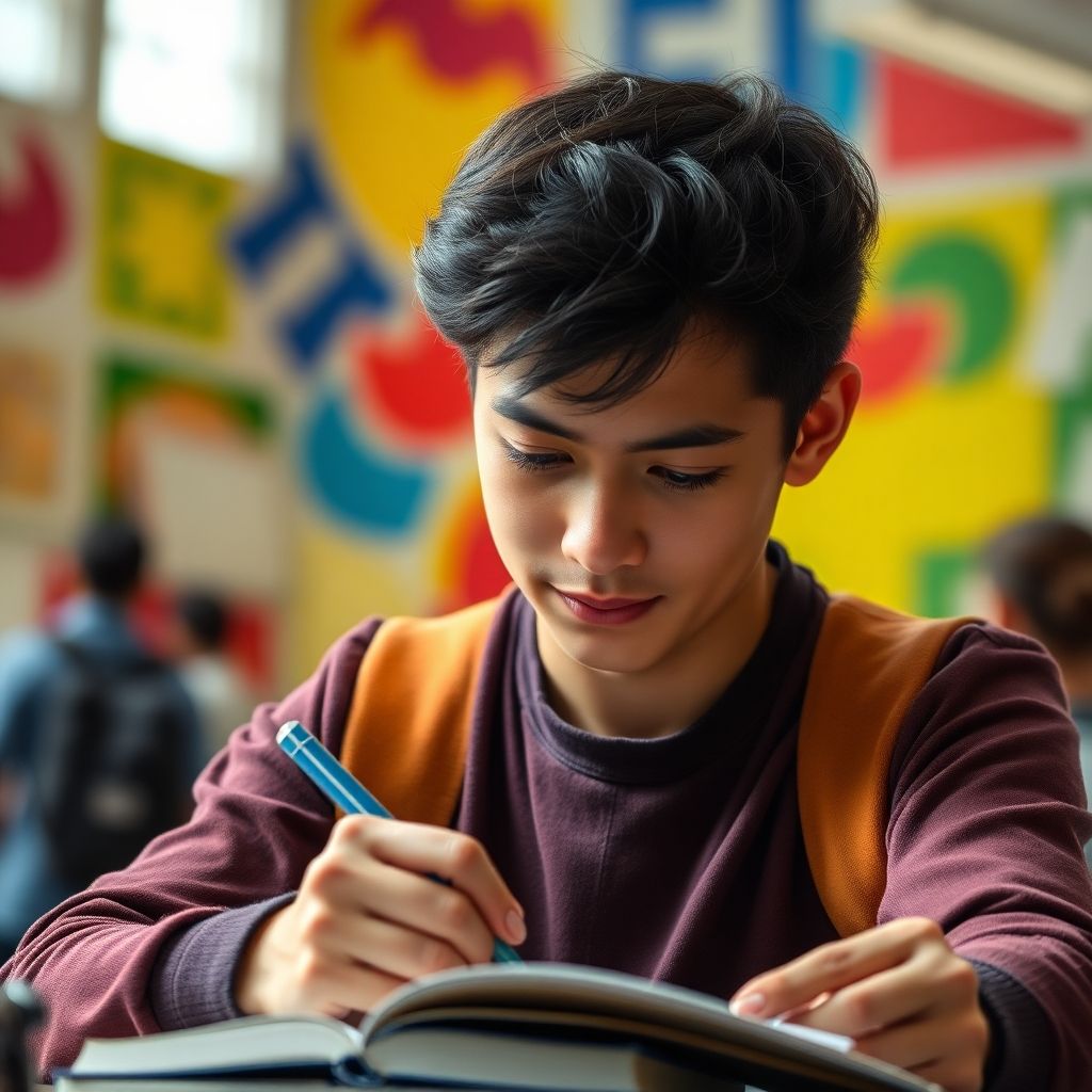 University student writing in a vibrant, colorful setting.