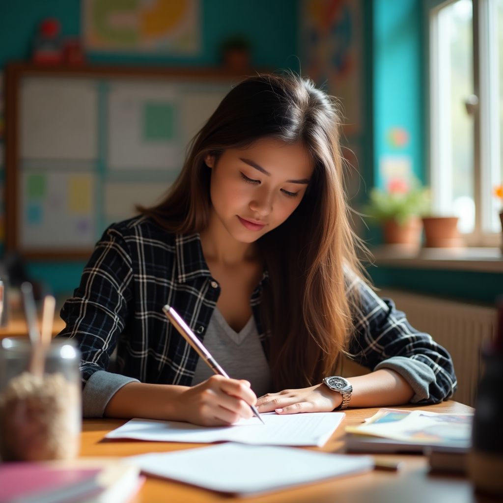 University student writing in a vibrant environment.