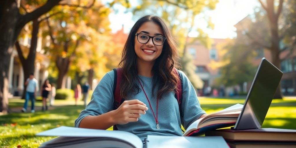 University student studying in a vibrant campus setting.