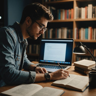 Estudiante redactando tesis con libros y laptop