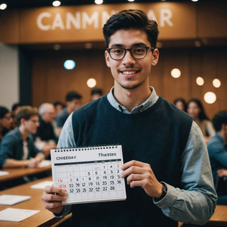 Student celebrating with thesis and calendar in background