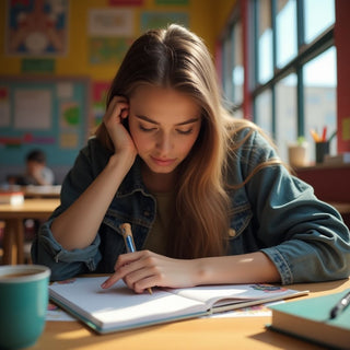 Estudante universitário escrevendo em um ambiente colorido.