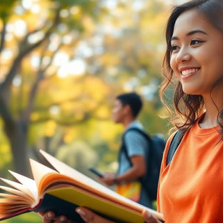 University student in a lively campus with books and laptop.