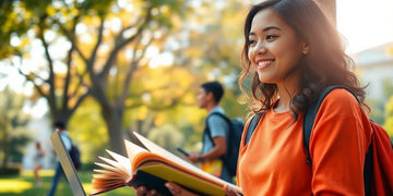 University student in a lively campus with books and laptop.