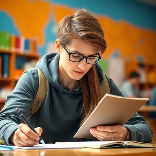 University student writing in a vibrant, colorful setting.