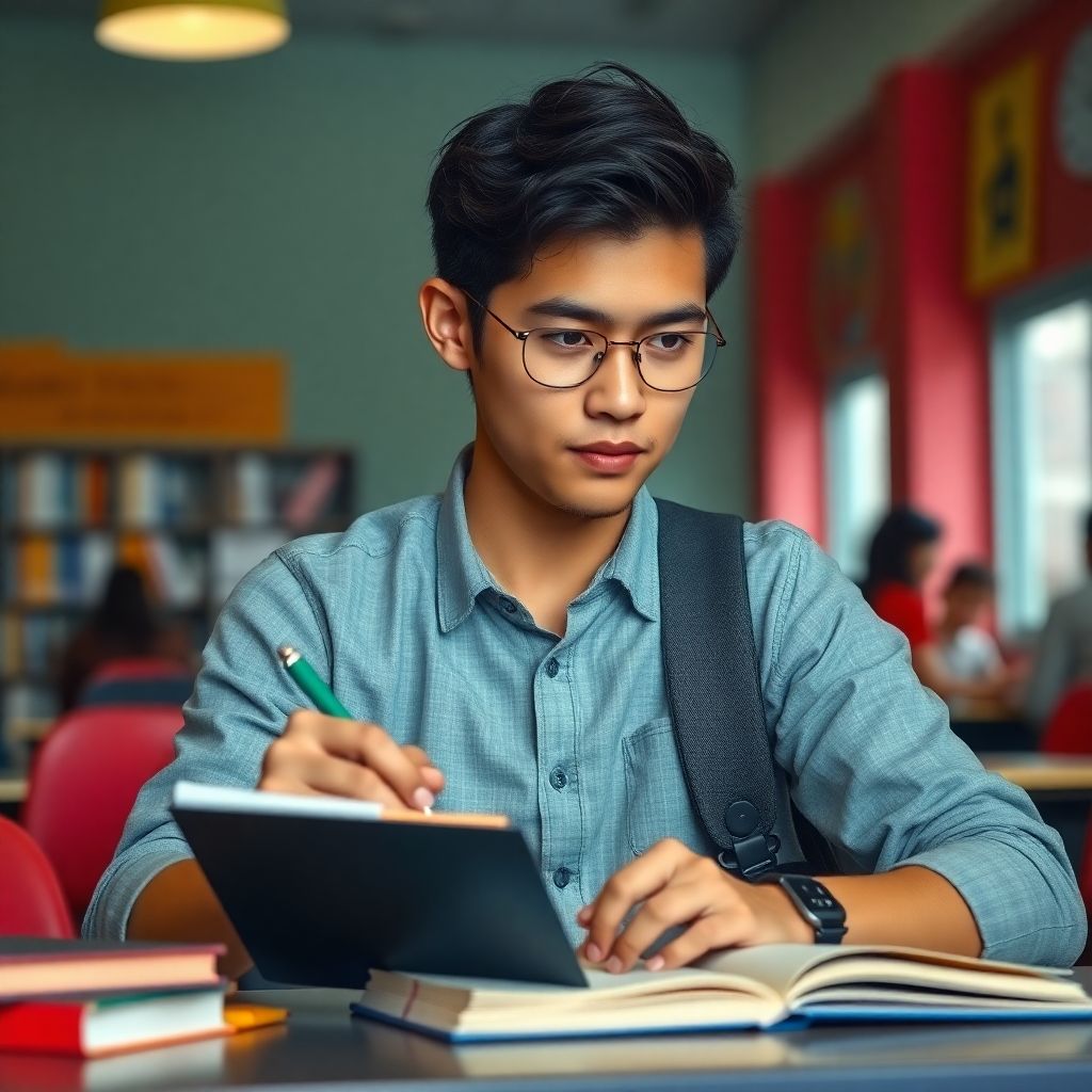 Estudante universitário escrevendo em um ambiente colorido.