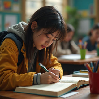 Estudiante universitario leyendo en un entorno vibrante.