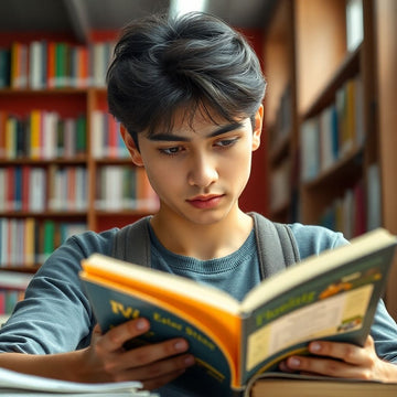 University student reading in a vibrant study environment.