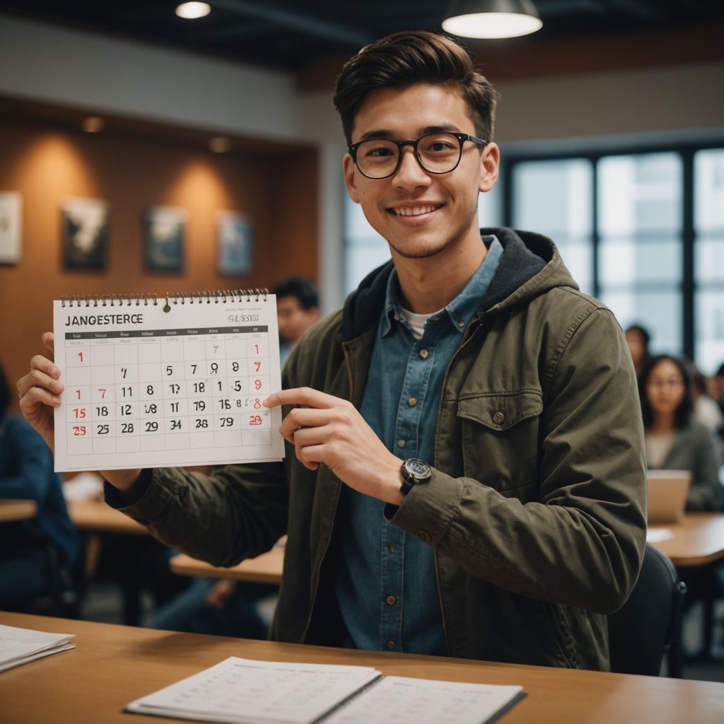 Student celebrating with thesis and calendar in background