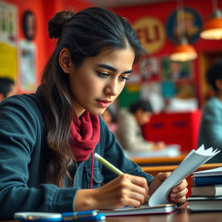 Estudiante universitario escribiendo en un entorno colorido.