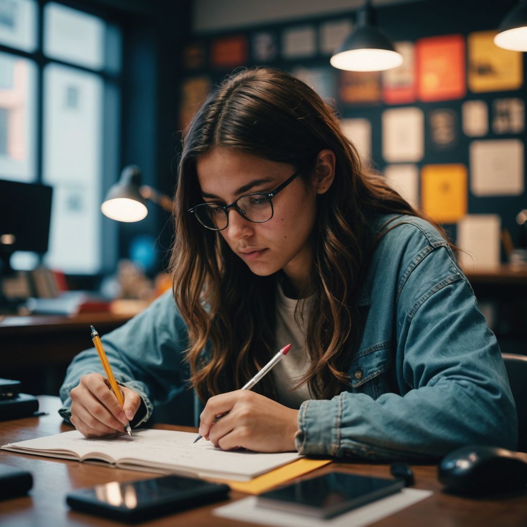 Estudiante redactando propuesta de tesis en escritorio con laptop