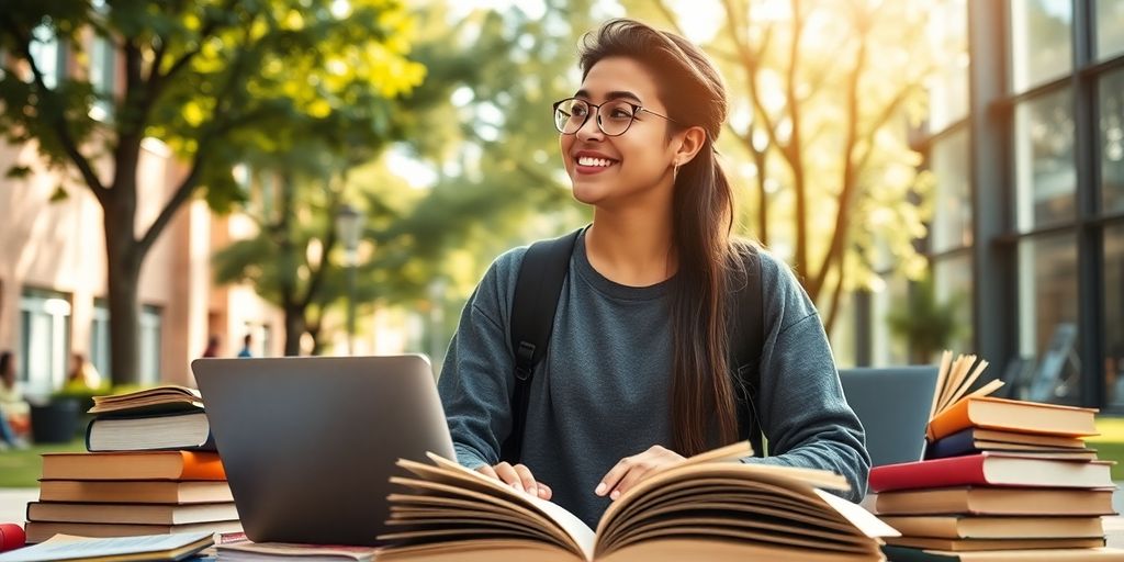 University student studying in a lively, vibrant campus setting.