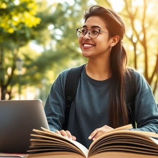 University student studying in a lively, vibrant campus setting.