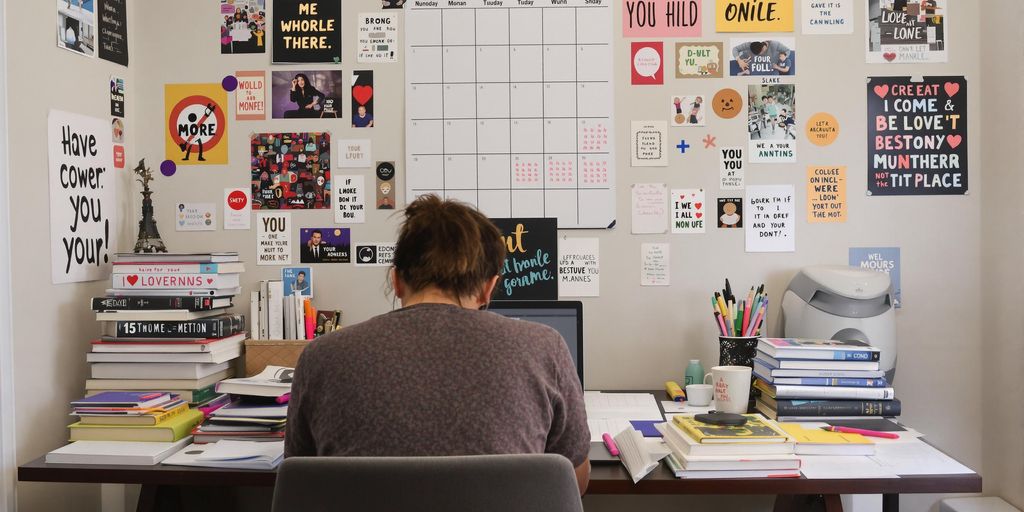 Student writing thesis at desk with books and calendar.