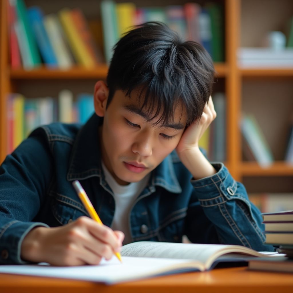 Estudante universitário escrevendo em um ambiente vibrante.