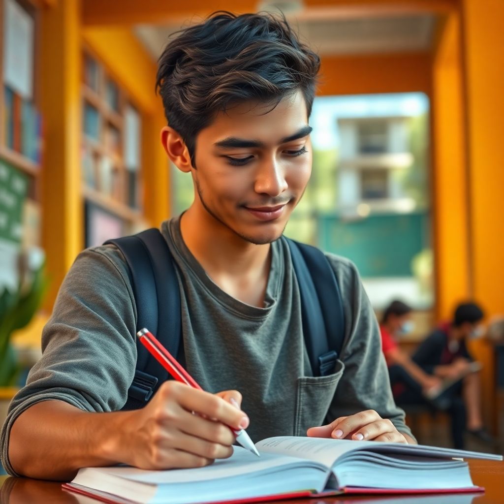 Étudiant universitaire concentré sur ses études.