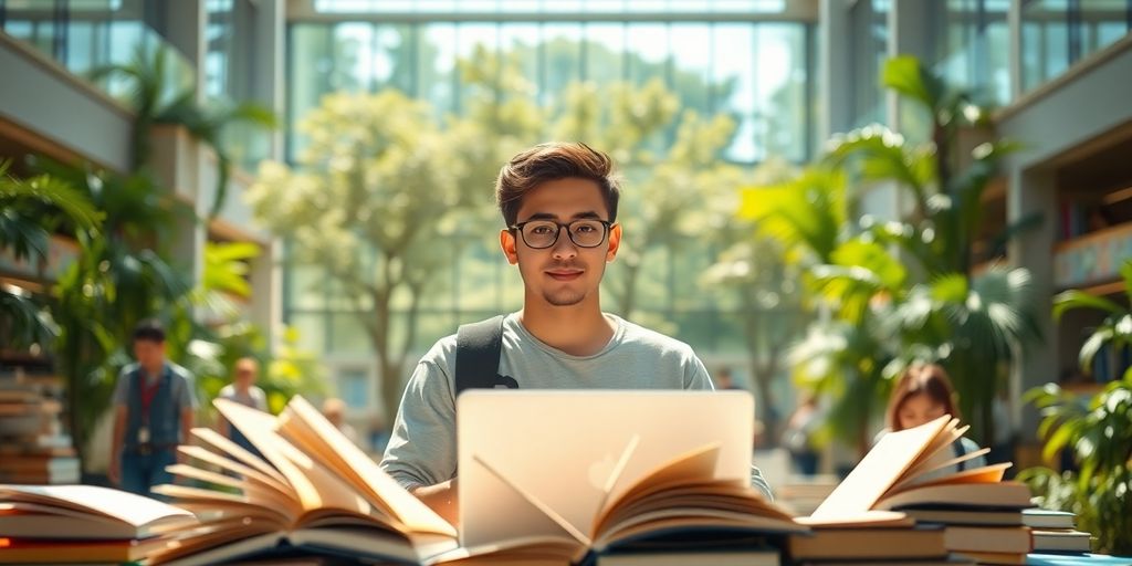 University student in a vibrant campus environment with books.