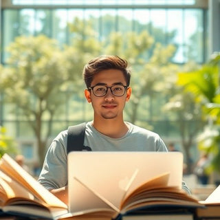 University student in a vibrant campus environment with books.