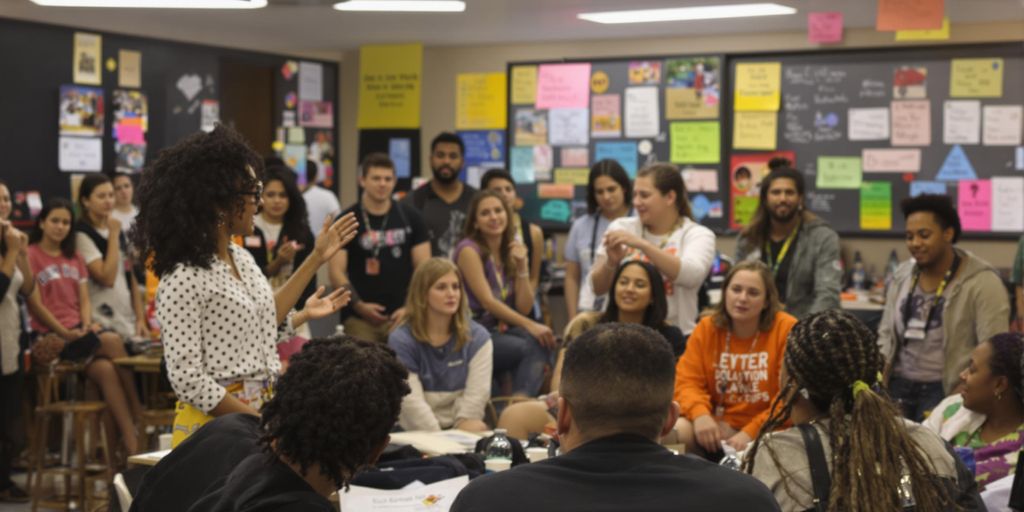 Leader speaking to an engaged audience in a bright room.