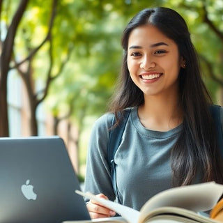 University student in a vibrant campus, surrounded by books.