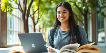 University student in a vibrant campus, surrounded by books.