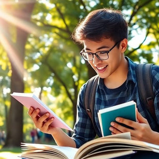 University student studying in a lively campus setting.