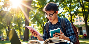 University student studying in a lively campus setting.