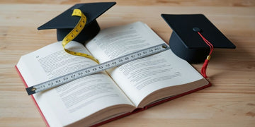 Open book, measuring tape, small academic cap.