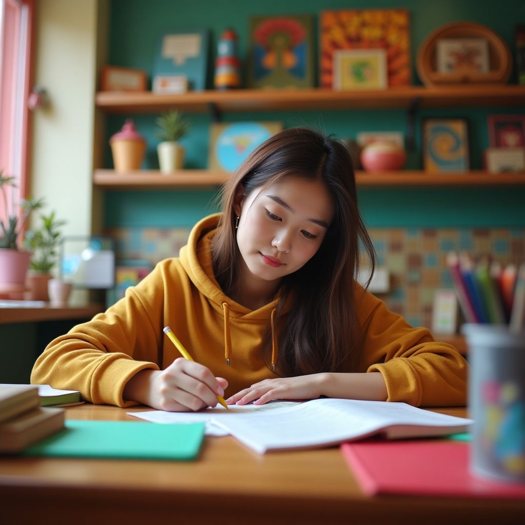 University student writing in a vibrant study environment.